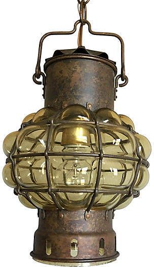 One Kings Lane Vintage Blown Glass Ship's Lantern - C the Light Interiors 1960s blown glass ship's lantern by Nulco Lighting featuring golden amber glass in a nautical-style bronze metal cage with one light. #ad #nautical #lantern #beachhouse Ship Lantern, Barge Interior, Swiss Village, Nautical Lanterns, Old Lanterns, Copper Design, Golden Amber, Retro Lamp, Mid Century Lighting