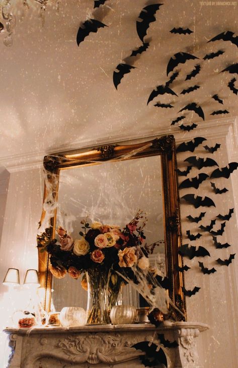 Halloween Bats Fireplace, Parisian Halloween, Witchy Porch Decor, Halloween Gothic Decor, Bats Fireplace Halloween, Romantic Halloween Decor, Restaurant Halloween Decor, Gold Halloween Decor, Bats On Wall Decor