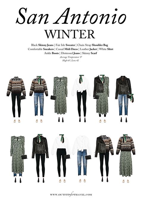 We designed our San Antonio winter packing list to help you find what to wear to San Antonio in the winter. To do this, we selected some of the hottest winter trends and created a chic and efficient 10-piece capsule travel wardrobe. And this San Antonio winter packing guide is filled with items inspired by this year's fantastic winter styles! Think fair isle sweaters, western accessories and distressed denim styles. San Antonio Outfit Winter, San Antonio Style Outfits, San Antonio Texas Outfits Winter, San Antonio Outfit, Pantone Outfit, Sweaters Western, Capsule Travel Wardrobe, Fair Isle Sweaters, Winter Packing List