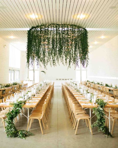 Spring Wedding Ideas from Real Celebrations | Martha Stewart Weddings - This couple proved that you don't need to add a single flower to create spring vibes at your wedding reception. Their major greenery chandelier stole the show. #weddingflowers #springweddingideas Wedding Reception Dance Floor, Greenery Wedding Decor, Rustic Wedding Decorations, Greenery Decor, Budget Friendly Wedding, Wedding Decor Ideas, Long Table, Green Wedding Shoes, Wedding Guide