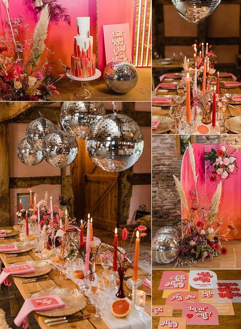 Colour Wedding Table Decor, Fun Table Decorations For Party, Wedding Colourful Decoration, Maximalist Disco Wedding, Red Pink Orange Tablescape, Retro Romantic Wedding, Wedding Ideas Colourful, Pink And Orange Disco Ball Wedding, Sweet 16 Pink And Orange Theme