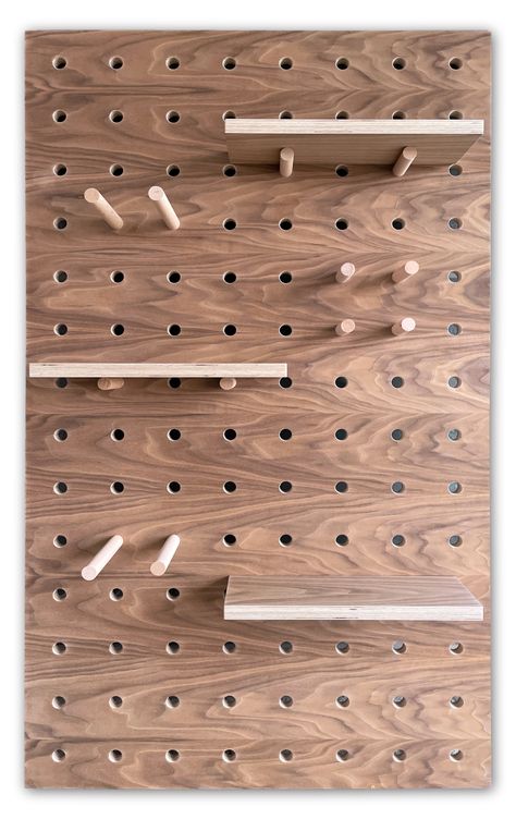 Walnut veneer on birch plywood pegboard with 3 x shelves and pegs made by kreisdesign Peg Board Shelves, Large Pegboard, Peg Board Walls, Wooden Pegboard, Peg Wall, Pegboard Storage, Metal Pegboard, Pegboard Organization, Pegboard Accessories