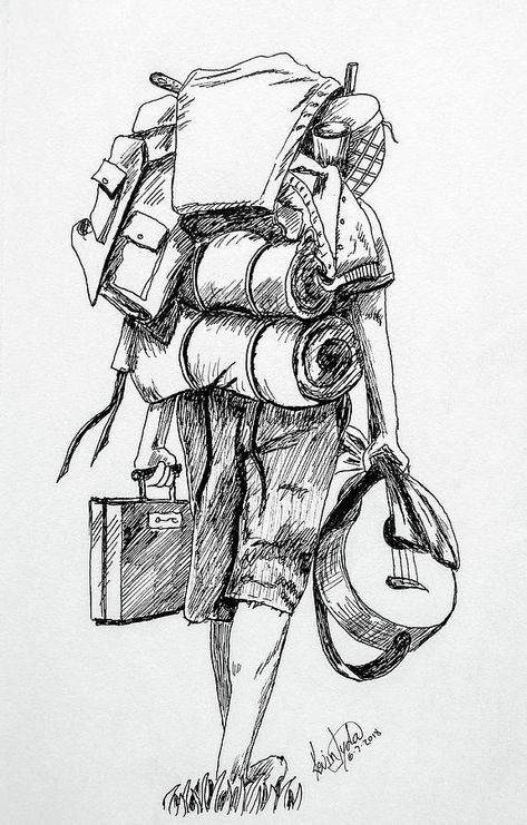 Bagpack Inktober, Traveller Drawing Character, Nomadic Ink Drawing, Bag Of Dreams Drawing, Expedition Drawing Ideas, Backpack Ink Drawing, Trekking Sketch, Backpack Drawing Ideas, Expedition Sketch