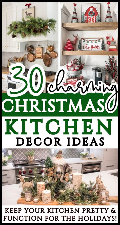 Do you need Christmas kitchen decorations ideas that won't get in your way? You can have a kitchen decorated for Christmas without sacrificing function! The kitchen is a busy place during the holidays - get ideas to decorate your kitchen cabinets, counters, & lots of spaces - and the Christmas decorations won't get in your way! These Christmas kitchen decor ideas are great even for small kitchens, too! Functional kitchens stylishly decorated for Christmas! Gingerbread Kitchen Christmas Decor Ideas, Christmas Kitchen Inspiration, Christmas Kitchen Hood Decor, Decorate Bar Stools For Christmas, Christmas Ideas For The Kitchen, Christmas Decoration For Kitchen Cabinet, Winter Decor Above Kitchen Cabinets, Christmas Decor Over Kitchen Cabinets, Christmas Tree In Kitchen Ideas