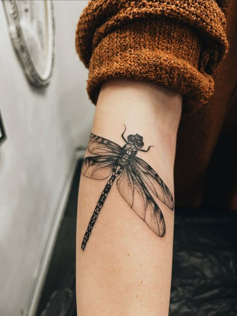 Wrist Tattoos Dragonfly, Dragonfly In Amber Tattoo, Male Dragonfly Tattoo, Moth Butterfly Dragonfly Tattoo, Flying Insect Tattoo, Dragonfly Tattoo Design For Men, Goth Dragonfly Tattoo, Black And Grey Dragonfly Tattoo, Dragonfly Tattoo Neck