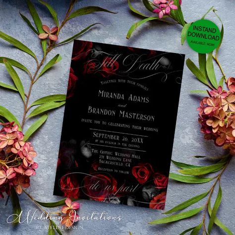 Your Perfect Custom Beach Wedding Invites on Sale Now! Brighten up your special day with these adorable Custom Elegant Black and Red Floral Gothic Wedding Invitation! With its stunning design and vibrant colors, your guests will be excited to join you for your unforgettable wedding. Personalize and buy now to make your wedding dreams come true! Dark Weddings, Red Floral Wedding, Gothic Wedding Invitations, Romance Wedding, Dark Wedding, Beautiful Invitations, Gothic Wedding, Botanical Wedding, Burgundy Wedding