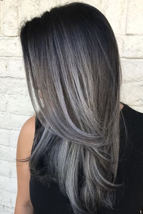 Dark Grey Hair Color, Cabelo Ombre Hair, Ash Grey Hair, Silver Hair Highlights, Dark Grey Hair, Grey Hair Transformation, Black Hair Balayage, Ash Brown Hair, Grey Hair Inspiration