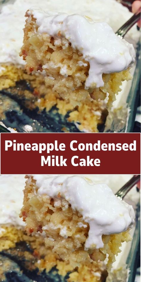 Pineapple Condensed Milk Cake Simple Yellow Cake, Pineapple Whipped Cream, Pineapple Dessert Easy, Pineapple Poke Cake, Condensed Milk Recipes Desserts, Milk Recipes Dessert, Easy Pineapple Cake, Sweetened Condensed Milk Recipes, Condensed Milk Cake