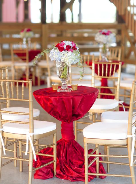 Gainesville Florida, Santa Fe River Ranch, Wedding Cocktail Hour Florals and Seating. Hydrangeas, Ivy, Roses. Wedding Cocktail Table Decor, Wedding Cocktail Tables, Cocktail Table Decor, Gainesville Florida, Red And Pink Roses, Table Set Up, Wedding Cocktail, Deco Floral, Chair Decorations