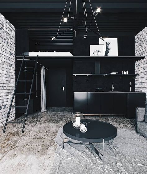 INDOOR BLACK | Interior design on Instagram: “◾| Black Studio Apartment designed by MOCCA. | 📸 by @home.scenery” Loft Designs, Interior Design Examples, Studio Apartment Design, Black Studio, Minimal Interior Design, Loft Interior, Black Interior Design, Modern Cozy Living Room, Vintage Farmhouse Kitchen