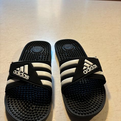 Mens Adidas Black And White Velcro Slides With Message Foot Pad. Brand New Wore Once. Adidas Black And White, Adidas Slip, Adidas Shoes Mens, White Slides, Adidas Cloudfoam, Black Slip On Shoes, Black Slides, Adidas Adilette, Mens Adidas