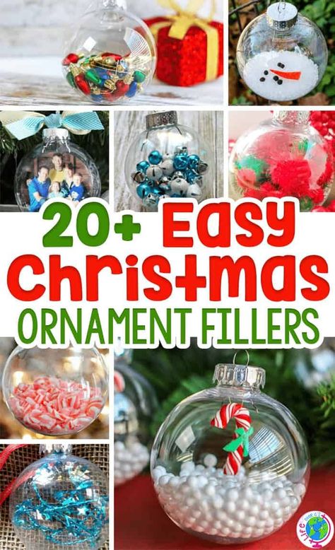 Clear filled Christmas ornaments are a super simple way to add personal touches to your Christmas tree. Why not turn DIY filled glass Christmas ornaments into a family holiday tradition that doubles as a great keepsake. Check out Life Over's for more fun Christmas ornament filler ideas now! Diy Classroom Christmas Ornaments, Ideas To Fill Christmas Ornaments, How To Make Your Own Christmas Ornaments, Kids Christmas Bulb Crafts, Kids Bulb Ornaments Craft Ideas, Fill Christmas Ornaments, Empty Ornament Ideas Kids, Diy Ball Ornaments Kids, Classroom Diy Ornaments