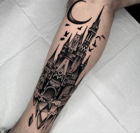 Gothic Castle Tattoo Sleeve, Dark Castle Tattoo Design, Floating Castle Tattoo, Black Castle Tattoo, Goth Castle Tattoo, Cathedral Tattoo Gothic, Gothic Castle Tattoo Design, Goth Cathedral Tattoo, Draculas Castle Tattoo