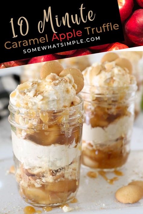 Quick Caramel Apple Trifle is a no-bake cheesecake dessert with rich layers that are creamy, crunchy, tart, and delicious! It’s the perfect decadent dessert to feed your guests! Apple Pie Trifle Desserts, Carmel Apple Trifles, Caramel Apple Cheesecake Cups, Caramel Apple Dessert Cups, Fall Trifle Desserts, Fall Dessert Cups, Cheesecake In Cups, Mini Desserts In Cups, Thanksgiving Trifle Desserts