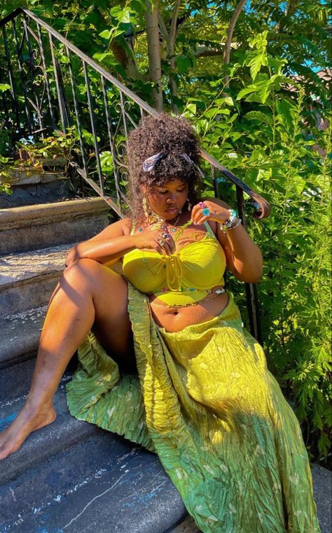 Earthy Boho Outfits Plus Size, Plus Size Earthy Aesthetic, Bohemian Outfits Black Women Plus Size, Spiritual Outfits Black Women Plus Size, Afro Boho Chic Outfits, Black Femininity Aesthetic Bohemian, Earthy Boho Outfits Black Women Plus Size, Spiritual Girl Aesthetic Black Women, Plus Size Fairy Outfits