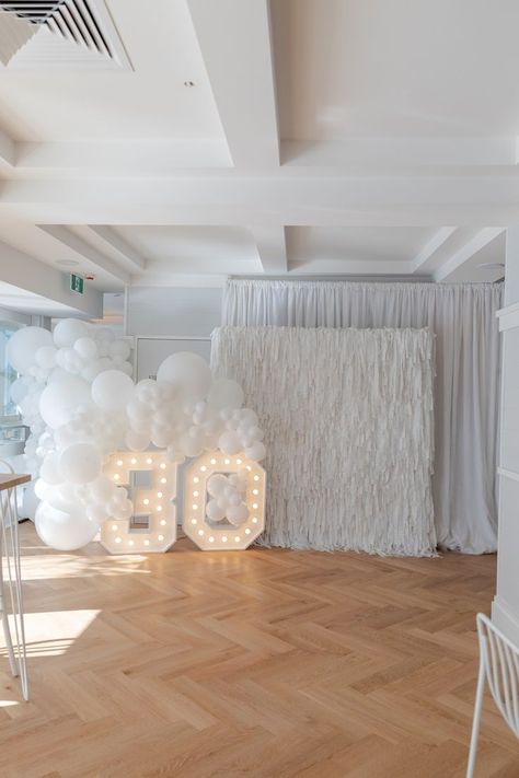 All White Party Balloon Decorations, All White Party Ideas Birthday, All White Party Theme Birthday, All White Balloon Decor, Birthday Venue Aesthetic, All White Affair Party Decorations, 21st Birthday White Theme, Winter Wonderland 30th Birthday Party, All White Bday Party