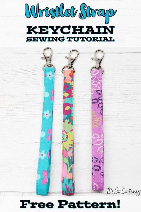 Want to make a cute DIY wristlet strap keychain? Then check out this easy tutorial and free pattern for step-by-step instructions on how to make a wristlet strap keychain. These super cute wristlet strap keychains make amazing gifts! #homemade #crafts #sewing #sew Lanyard Keychain Diy, Keychain Diy Easy, Keychain Sewing, Diy Key Fob, Key Fobs Diy, Wristlet Patterns, Keychain Tutorial, Sew Ideas, Diy Lanyard