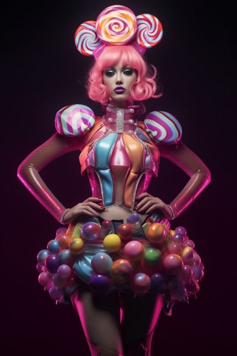 Candy Fantasy Land, Candy Fashion Design, Candy Land Makeup Ideas, Candyland Outfit Women, Candy Land Costumes Women, Candy Land Theme Outfits, Candy Dress Costume, Candy Queen Costume, Candy Theme Outfit