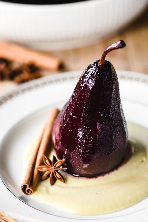 Mulled wine poached pears served in their own syrup, or a simple vanilla custard sauce, is an elegant dessert for entertaining in the fall and winter months. Poached Pears Dessert, Vanilla Custard Sauce, Fall Winter Desserts, Pear Galette, Irish Apple Cake, Wine Poached Pears, Joy Of Baking, Custard Sauce, Pear Dessert