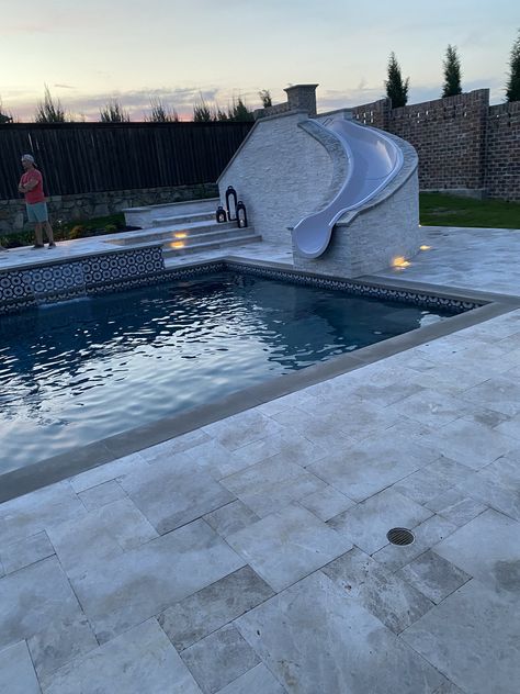 Rectangle Pool With Slide, Pool Diving Platform, Modern Pool Slide, Pool Ideas With Slide, Pool Slide Ideas, Swimming Pool With Slide, Pools With Slides, Pool Platform, Pool With Slide