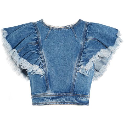 Philosophy di Lorenzo Serafini Cropped ruffled denim top ($365) ❤ liked on Polyvore featuring tops, mid denim, denim frill top, crop top, blue top, cut-out crop tops and flutter crop top Ropa Upcycling, Blue Ruffle Top, Frilly Top, Blue Denim Shirt, Denim Outfits, Denim Inspiration, Frill Tops, Denim Crop Top, Denim Ideas