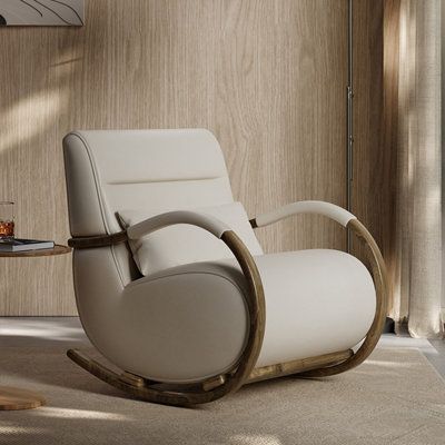 Simple and generous, calm and restrained, breathable leather wrapped, enjoy full comfort. Upholstery Color: White | Elevat Home Solid Wood Rocking Chair Faux Leather / Wood / Solid Wood in White | 31.49 H x 25.59 W x 31.49 D in | Wayfair Designer Chair, Wood Rocking Chair, Loft Interior, Biggie Smalls, Sleeper Chair, White Cow, Chaise Design, Rocking Chairs, Chaise Lounge Chair