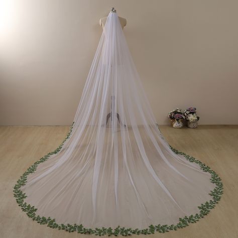 Veil With Leaves, Green Accent Wedding Dress, Sage Green Wedding Veil, Veil With Green Embroidery, Nature Wedding Veil, Sage Green And White Wedding Dress, Wedding Dress With Vines, Wedding Dress Green Accent, Fall Wedding Veil