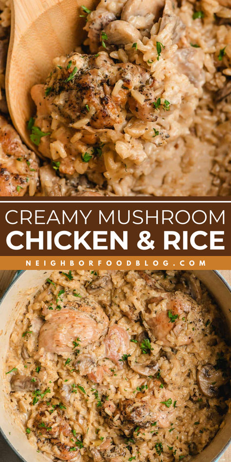 Creamy Mushroom Chicken and Rice is an easy one pot meal with layers of rich flavor. This is the ultimate comfort food recipe for cold and dreary days! Creamy Chicken Mushroom Wild Rice, Chicken And Mushroom Recipes Dairy Free, Mushroom Chicken Over Rice, Creamy Mushroom Chicken And Wild Rice, One Pot Mushroom Chicken And Rice, One Pot Chicken Mushroom Rice, Chicken And Rice Recipes Mushroom Soup, Mushroom Recipes Chicken, Main Dishes With Mushrooms