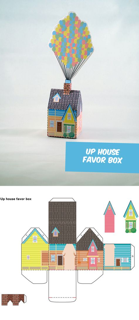 Create your own Disneys UP House Favor Box! Up House Paper Craft, Disney Up House Printable, Up House Template Free Printable, Up House Valentines Boxes, Diy Up House Cardboard, Up House Craft, Diy Up House, Up House Template, Up House Printable