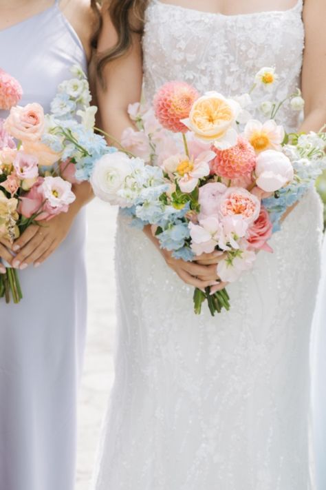 Embrace modern romance with our enchanting pastel floral wedding. Light Color Bouquet, Bright Pastel Bouquet, Pastel Bouquets Wedding, Colorful Wedding Flowers Bouquet, Muted Colorful Wedding Flowers, Soft Pastel Wedding Bouquet, Spring Wedding Bridal Bouquets, Peach And Blue Wedding Bouquet, Pastel Summer Wedding Flowers