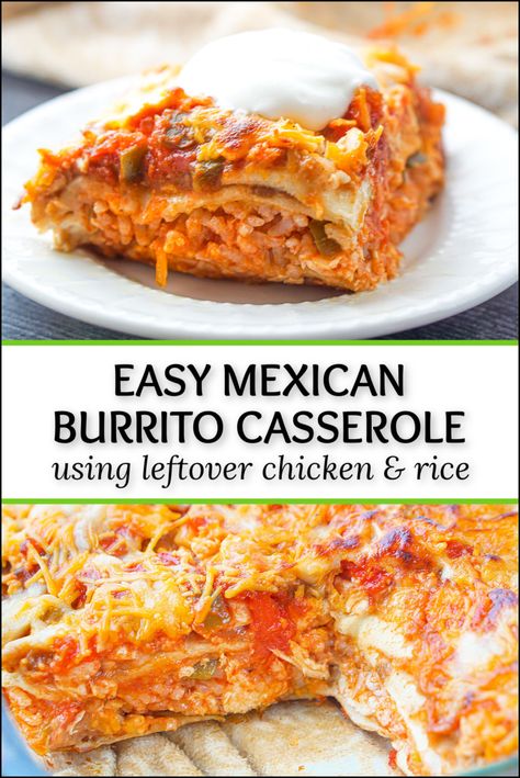 If you are looking for an easy Mexican dinner on a busy weeknight, try this easy chicken burrito casserole. It's a great recipe for using leftover rice, leftover chicken or rotisserie chicken. You can whip up this easy dinner in just a few minutes using simple ingredients. Salsa Chicken Leftovers, Chicken And Leftover Rice Recipes, Leftover Chicken Burritos, Rotisserie Chicken Recipes Leftover Mexican, Leftover Mexican Chicken Recipes, Chicken Taco Meat Leftovers, Leftover Taco Chicken Recipes, Leftover Mexican Rice Recipes, Leftover Mexican Rice