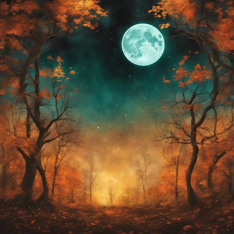 autumn equinox aesthetic with an ethereal glow, depicting a magical forest with a variety of vibrant colors, featuring a detailed illustration of a full moon in the night sky and a variety of autumnal leaves and branches in the foreground, Fall Equinox Aesthetic, Harvest Moon Aesthetic, Autumn Equinox Aesthetic, Mabon Wallpaper, Autumn Equinox Art, Aesthetic Fall Pumpkin, Equinox Aesthetic, Harvest Moon Art, Pumpkin Landscape