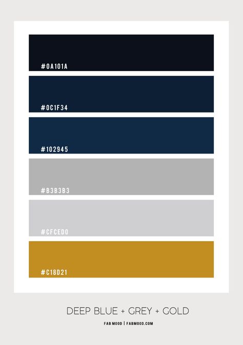 Deep Blue Bathroom Navy Gray Black Color Palette, Blue Gold Gray Color Palette, Black Blue Bathroom Ideas, Navy Gold Grey Color Palette, Navy Gold Color Scheme, Navy Blue Grey And Gold Bedroom, Deep Blue And Gold Bedroom, Blue White And Gold Color Palette, Deep Blue Room Ideas