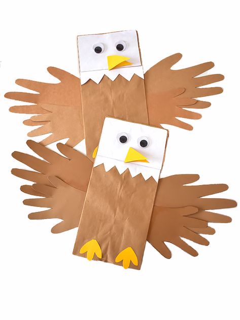 My Country Crafts For Preschoolers, My Country Preschool Theme Crafts, Country Activities For Preschool, Paper Bag Bird Puppet, E Is For Eagle Craft, Bald Eagle Craft Kindergarten, Easy 1st Grade Crafts, Paper Bag Animal Crafts, My Country Theme Preschool Activities