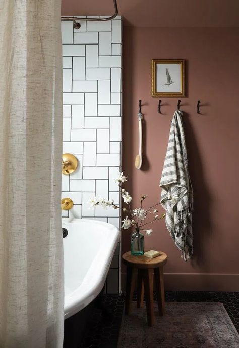 Red And Cream Bathroom, French Country Wall Paint Colors, Warm Earthy Kitchen, Best Paint Color For Small Bathroom With No Natural Light, Earthy Powder Room, Eggplant Bathroom, Boho Bathroom Paint, Terracotta Accent Wall, Terracotta Bathroom Walls