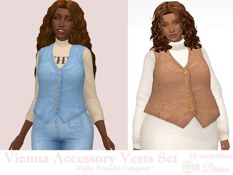 Accessory denim vest with gold buttons in jeans or other colors Found in TSR Category 'Sims 4 Clothing sets' Sims 4 Vest Accessory, Sims 4 Cc Waistcoat, Sims 4 Cc Vest, Sims 4 Vest, Cottage Ranch, Sims 4 Decades Challenge, Womens Waistcoat, Clothes Cc, Cc Sims4