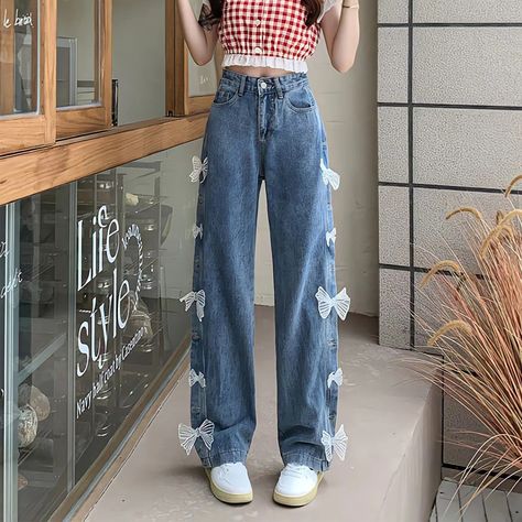 Smarter Shopping, Better Living! Aliexpress.com Applique Jeans, Streetwear Korean, Sweet Jeans, Kleidung Diy, All Jeans, Harajuku Streetwear, Lace Bows, Pantalon Large, Plus Size Jeans