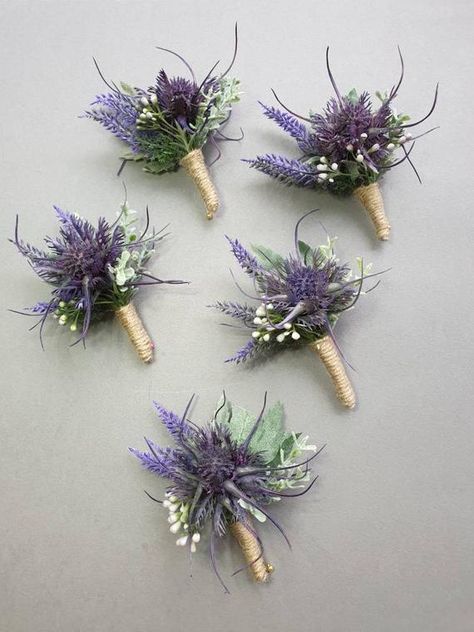 Traditional Scottish Sea Holly Thistle Heather buttonhole | Etsy Thistle Bouquet, Groom Buttonholes, Holly Decorations, Fall Wedding Color Palette, Rustic Boutonniere, Rustic Flower Girls, Sea Holly, Bridal Flower Crown, Jacket Pins