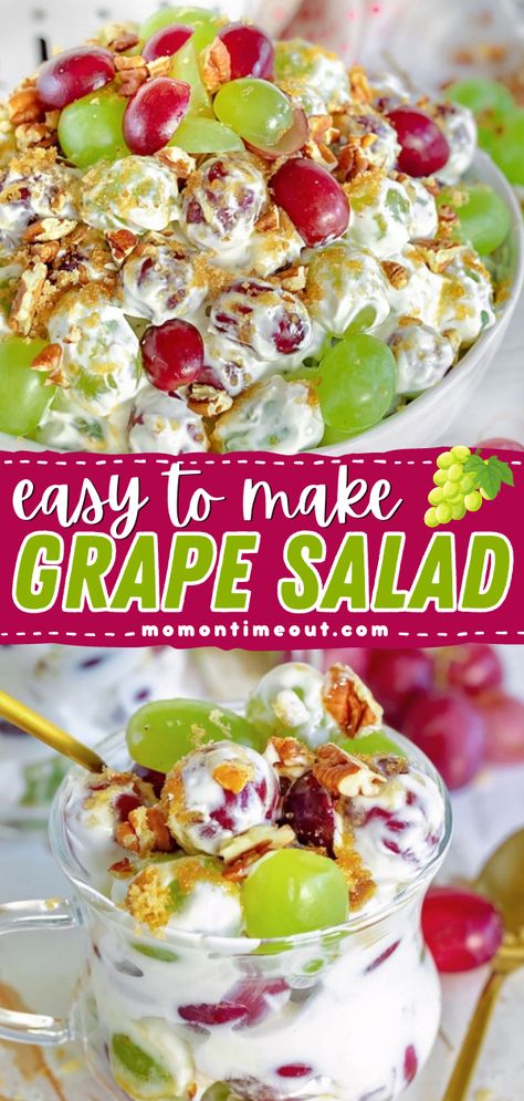 Here's a side dish for BBQs that doubles as dessert! Everyone will be asking for this grape salad recipe. Tossed in a cheesecake dressing then topped with pecans and brown sugar, this easy summer salad is a delicious 4th of July BBQ party idea! Easy Grape Salad, Grape Salad Recipe, Easy Summer Salad, 4th Of July Bbq, Fruit Salad Easy, Summer Salads With Fruit, Grape Salad, Salad Toppings, Best Salad Recipes