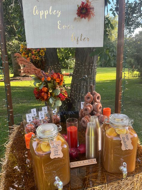 Donuts And Cider Wedding, Fall Drink Station Ideas, Cider Bar For Wedding, Apple Cider Wedding Bar, Apple Themed Engagement Party, Fall Themed Engagement Party Ideas, Apple Cider And Donut Bar, Cider And Donut Bar Wedding, Apple Cider Mimosa Bar