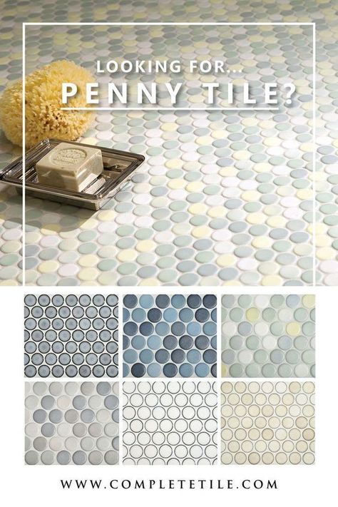 Available in various colors and finishes -Find the perfect penny tile for your project! #pennyround #pennytile Rancher Remodel, Penny Tile Backsplash, Penny Round Tile, Rose Bathroom, Penny Tiles Bathroom, Penny Tiles, Penny Tile Floors, Boy Bathroom, Accessible House