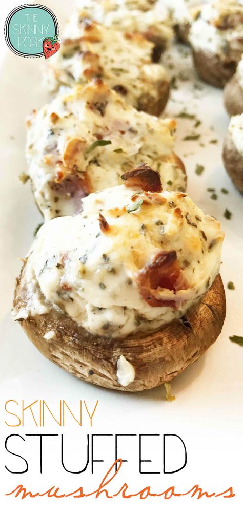 Need a hot appetizer for an upcoming holiday get together? #Ad Check out these Skinny Stuffed Mushrooms! Lightened up cream cheese stuffed mushrooms which are loaded with cheese, bacon, and plenty of goodness! Perfect for entertaining! #MyCalphalonKitchen TheSkinnyFork. | Skinny & Healthy Recipes Cream Cheese Stuffed Mushrooms, Healthy Stuffed Mushrooms, Mushroom Appetizers, Cheese Stuffed Mushrooms, Hot Appetizers, Stuffed Mushroom, Healthy Appetizer Recipes, Cheese Stuffed, Healthy Appetizers