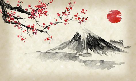 Japan Vibes, Sakura Painting, Japanese Culture Art, Illustration Japanese, Japanese Ink Painting, Painting Indian, Japan Wall Art, Fuji Mountain, Monte Fuji