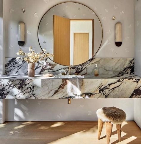 Floating Sink Bathroom, Floating Marble Sink, Floating Sink, Marble Sink, Marble Sinks, Office Bathroom, Marble Bathroom, Sink Bathroom, Round Mirror Bathroom