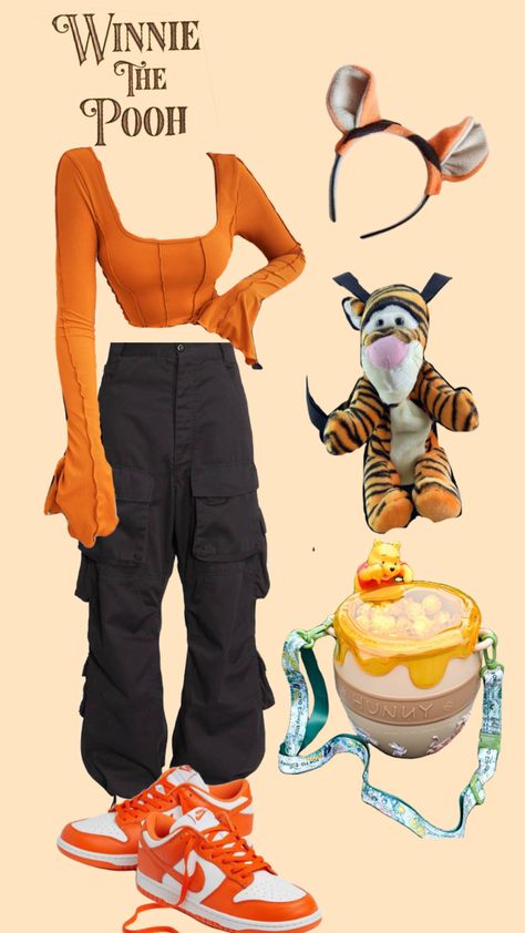 #outfitinspo #winniethepooh Tigger Inspired Outfit, Winnie The Poo Costume Ideas, Cute Winnie The Pooh Costumes, Winnie The Pooh And Eeyore Costume, Group Disney Outfits, Disney Outfits Winnie The Pooh, Winnie The Pooh And Friends Costumes, Disneyland Character Outfits, Winnie The Pooh Outfit Ideas