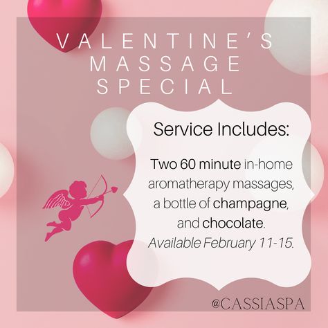 Pink, red and white graphic promoting massage special with Cupid and hearts Valentine Massage, Valentine Promotion, Valentine Day Massage, Spa Things, Massage Therapy Business Cards, Champagne And Chocolate, Holistic Massage, Massage Marketing, Esthetician School