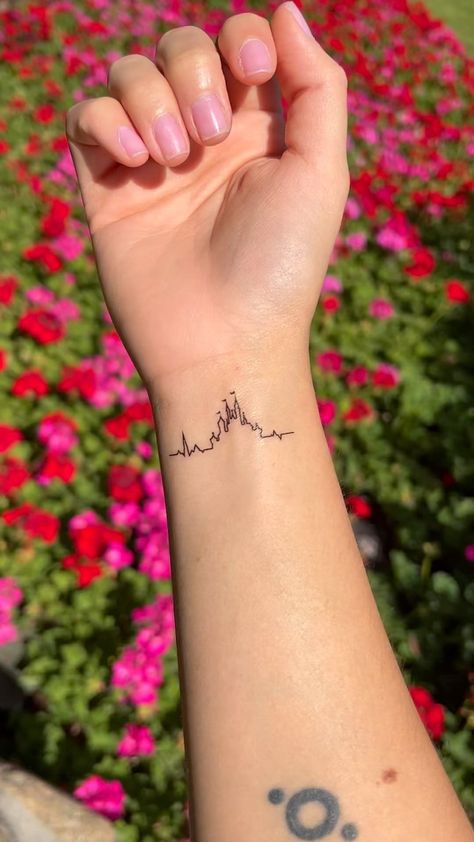 Tangled Tiny Tattoo, Disney Tattoos Sisters, Disney Castle Heartbeat Tattoo, Disney Related Tattoos, Matching Disney Tattoos Mother Daughter, Small Tattoo Disney, Fineline Disney Tattoo, Tiny Tattoos Disney, Disney Heartbeat Tattoo