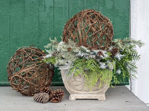 Grapevine Balls, Porch Urns, Flowers Fade, Waterproof Lights, Holiday Display, Christmas Decorations Diy Outdoor, Outdoor Holidays, Outdoor Holiday Decor, Christmas Porch