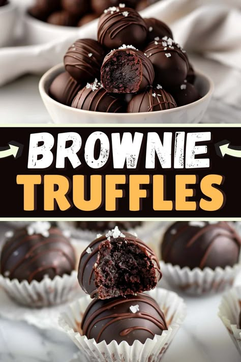 Chocolate lovers, this one's for you! These impossibly decadent brownie truffles need just three ingredients and about 15 minutes of hands-on prep. Brownie Truffles Recipe, 3 Ingredient Brownies, Brownie Truffles, Homemade Truffles, Dessert Truffles, Candy Truffles, Truffle Recipe, Fudge Sauce, Cake Truffles