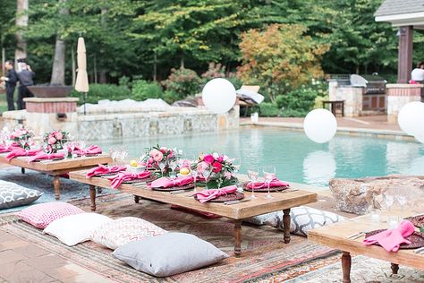 How gorgeous is this perfectly pink pool party planned by the gals at "A Charming Affair" and captured by Camille Catherine Photography?  This event was the debut for our new Flippin low set dining tables as well!  We are in love with them! Girls Night Games, Poolside Party, Farmhouse Side Table, Summer Brunch, Summer Celebration, Eclectic Rugs, White Balloons, Al Fresco Dining, Decorating On A Budget